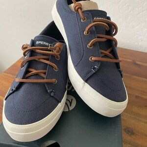 Sperry Women's Navy Boat Shoes with Brown Laces